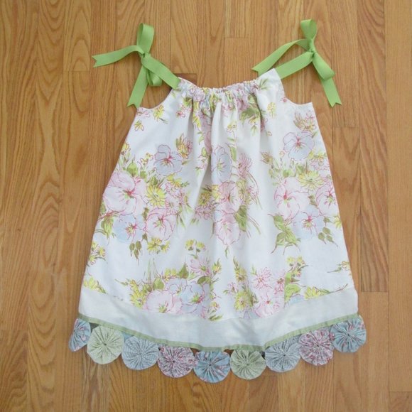 JEANIUS GIRLS SZ 4/6 PILLOWCASE DRESS PINK & GREEN CALICO YO YOS DRAWSTRING NEW - Picture 1 of 9